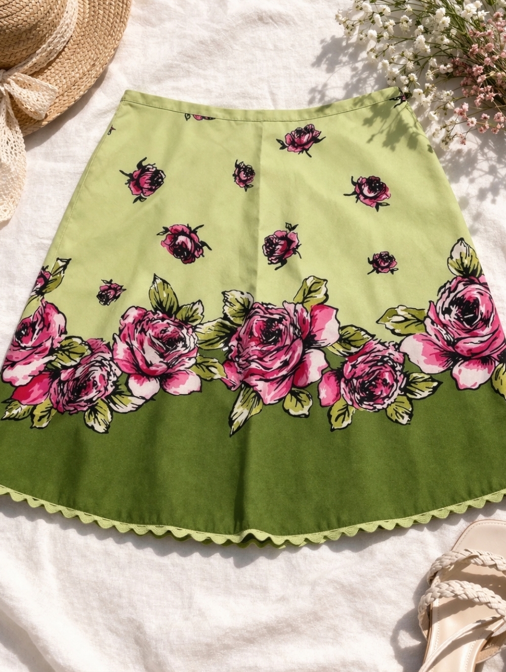 Cottagecore Floral A-Line Skirt Green Pink Roses Scallop Hem Feminine Spring